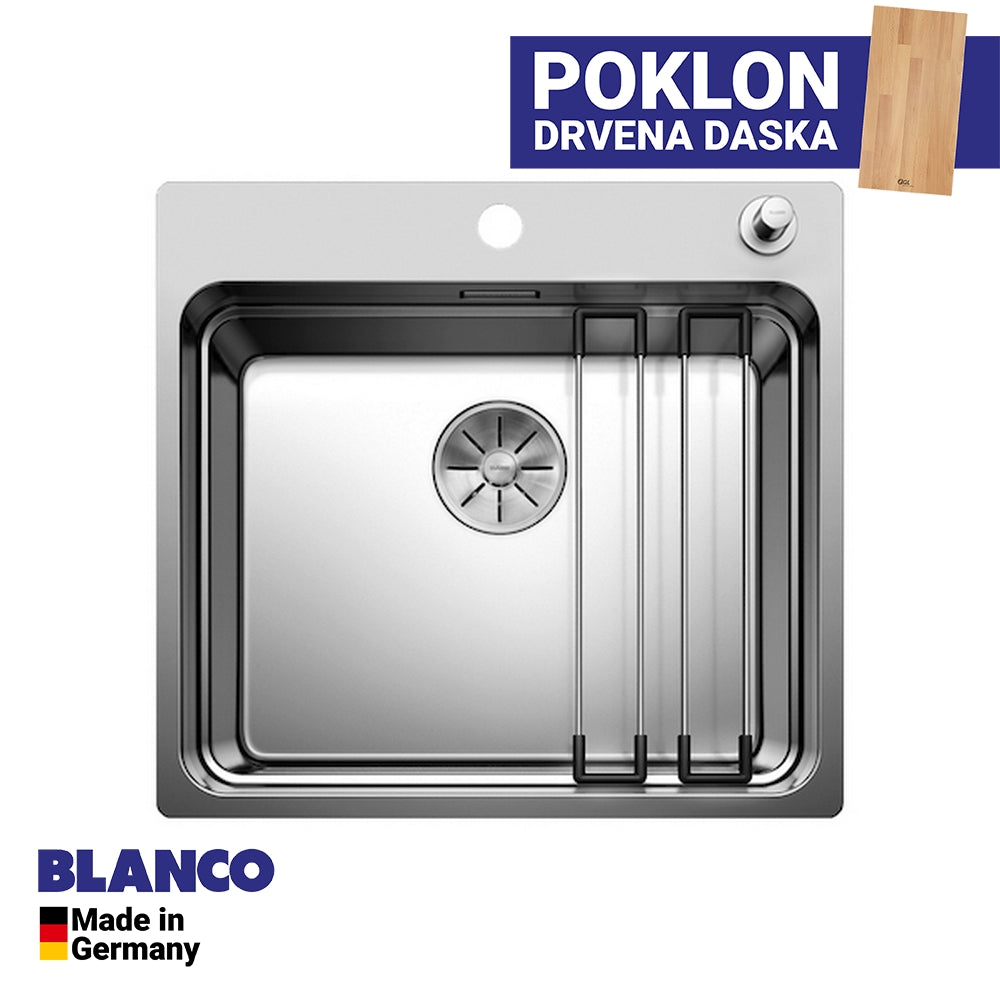 Inox sudopera Blanco ETAGON 500-IF/A sa podizačem čepa + pribor + drvena daska - 540x500x190