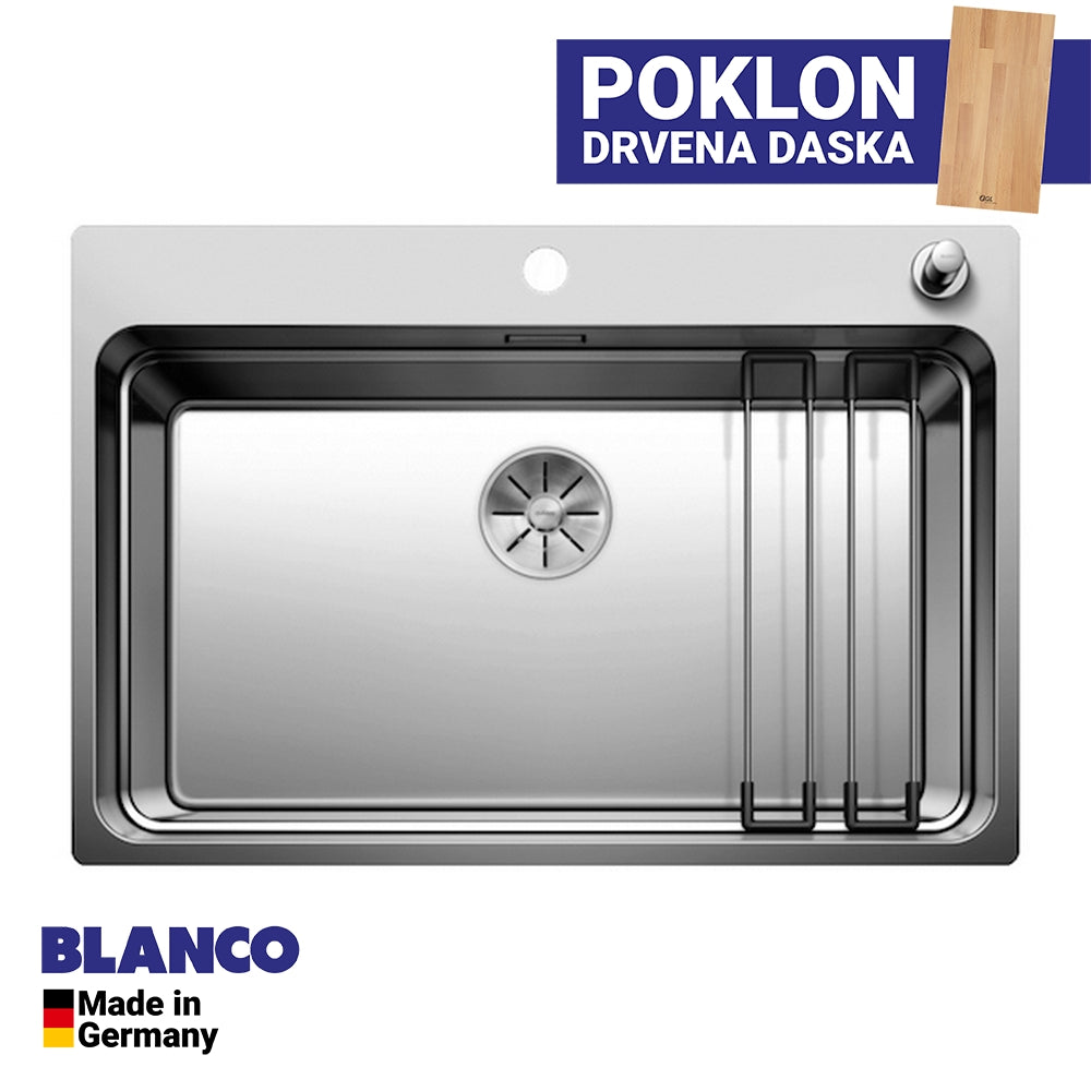 Inox sudopera Blanco ETAGON 700-IF/A sa podizačem čepa + pribor + drvena daska - 740x500x190