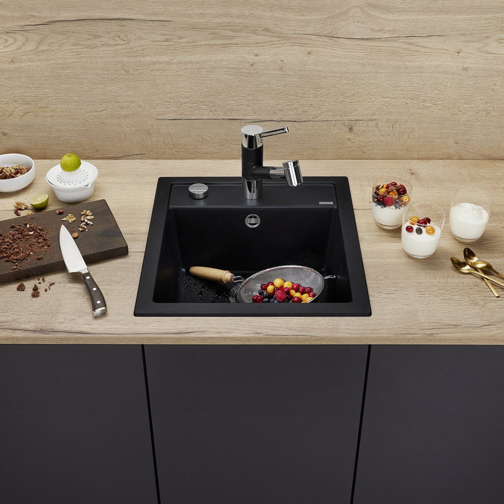 Granitna sudopera Blanco Silgranit DALAGO 45  sa podizačem čepa + drvena daska - 465x510x190