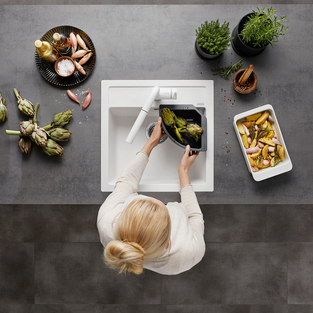 Granitna sudopera Blanco Silgranit DALAGO 5  sa podizačem čepa + drvena daska - 515x510x190