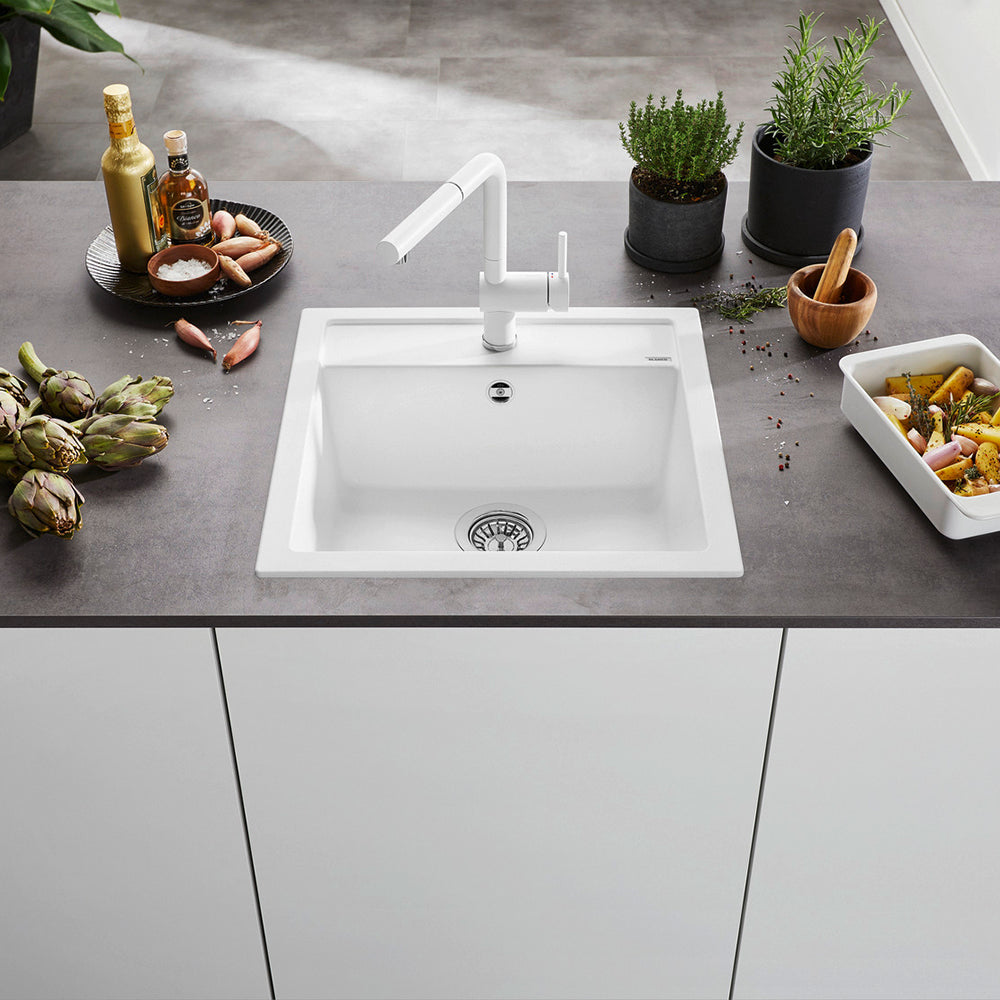 Granitna sudopera Blanco Silgranit DALAGO 5  sa podizačem čepa + drvena daska - 515x510x190