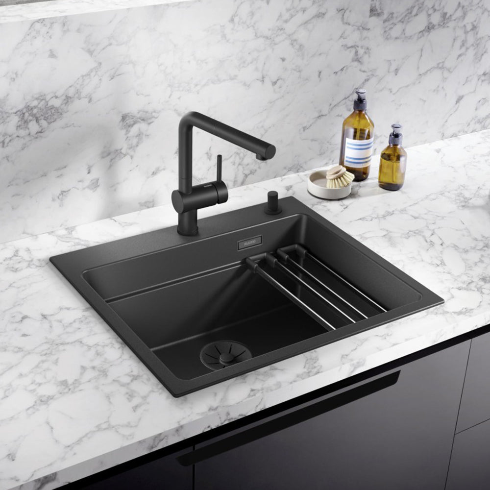 Granitna sudopera Blanco Silgranit ETAGON 6 Black Edition sa podizačem čepa + pribor + drvena daska - 600x510x220