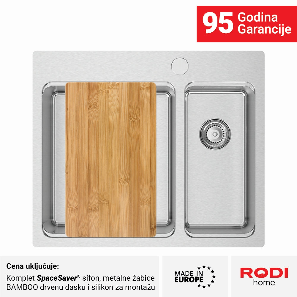 Inox sudopera RODI UNA 56 Saten + Bamboo - 595x505x200