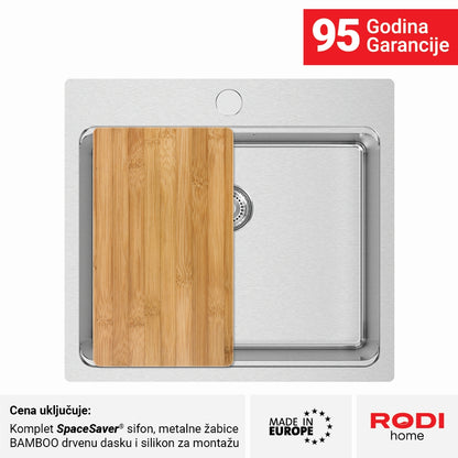 Inox sudopera RODI UNA 57 Saten + Bamboo - 550x505x200